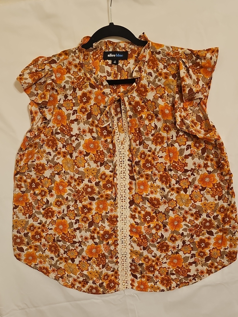 Alice Blue Floral Lace-Trim Sleeveless Blouse in Orange, Brown & Cream 1X